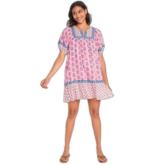Old Navy Puff Sleeve Mini Swing Dress Blue Pink Floral‎ Boho Cottage Babydoll L - Picture 1 of 16